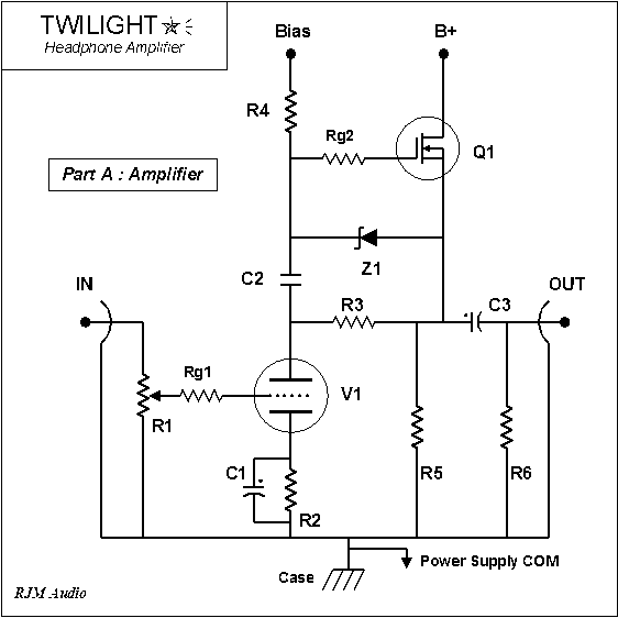 Twilight Amplifier Circuit Schematic, one channel shown